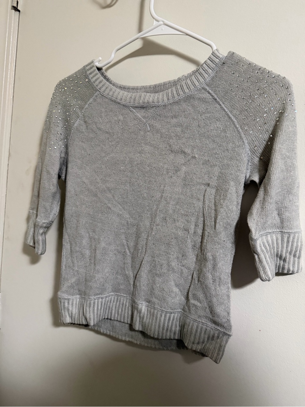 Justice Light Gray Knit Sweater with Shoulder Rhinestones